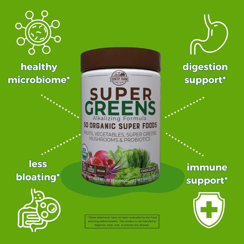 Country Farms Super Greens Apple Banana Flavor, 50 Organic Super Foods, USDA Organic Drink Mix, Fruits, Vegetables, Super Greens, Mushrooms  Probiotics, Supports Energy, 20 Servings, 10.6 Oz