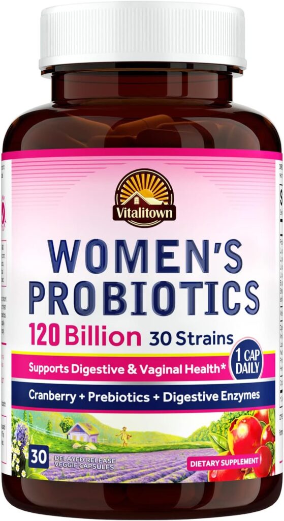 VITALITOWN Women’s Probiotics 120 Billion CFUs 1 Daily, 30 Strains, with Prebiotics  Digestive Enzymes  Cranberry, Gut  Vaginal Health, Vegan 30 Delayed Release Caps