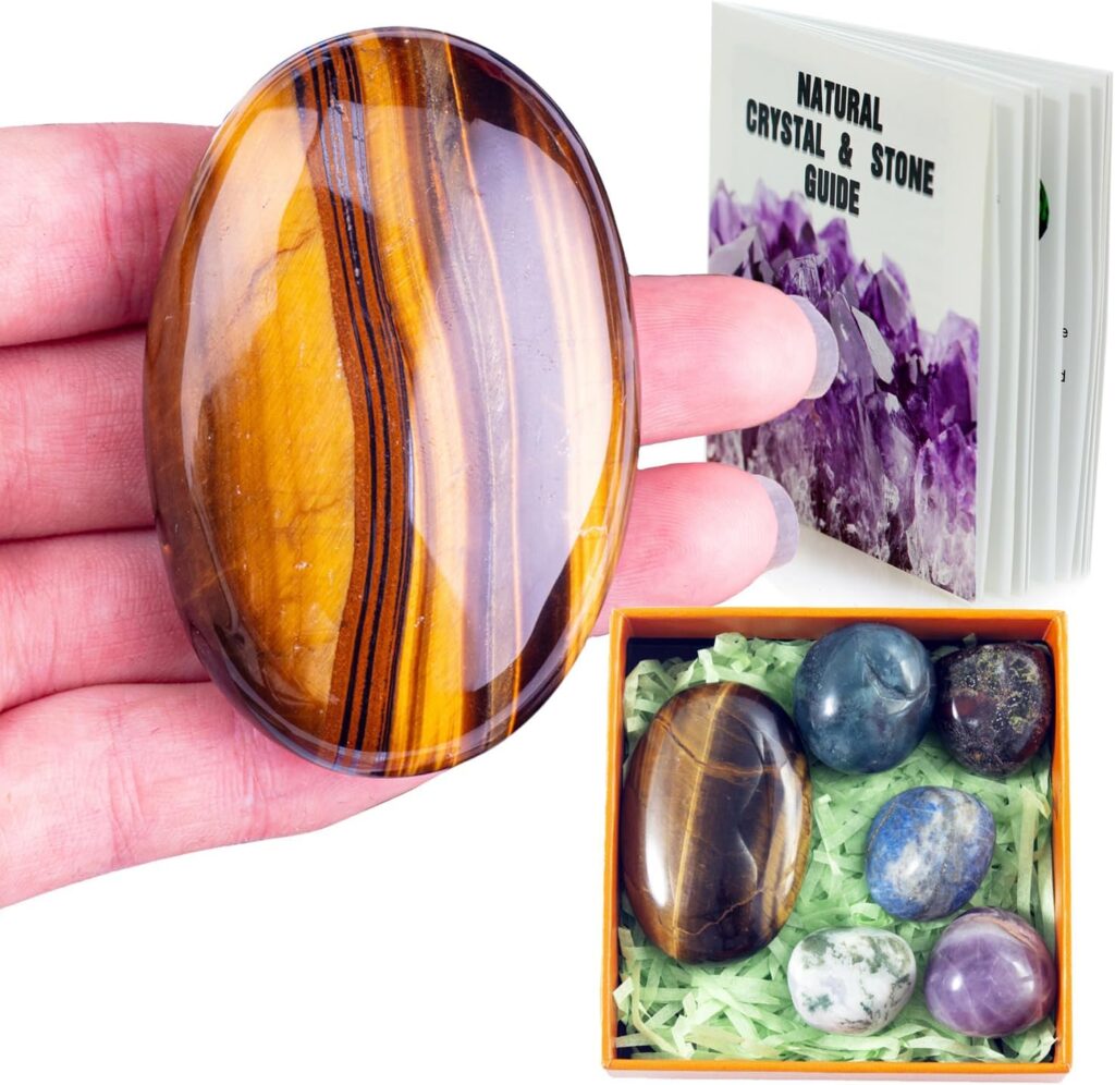 1PC Tigers Eye Natural Oval Palm Stone 2.4 + 5PCs Healing Gemstone, STINO Real Crystal Worry Stone for Anxitey, Pocket Healing Crystal Gem stones.