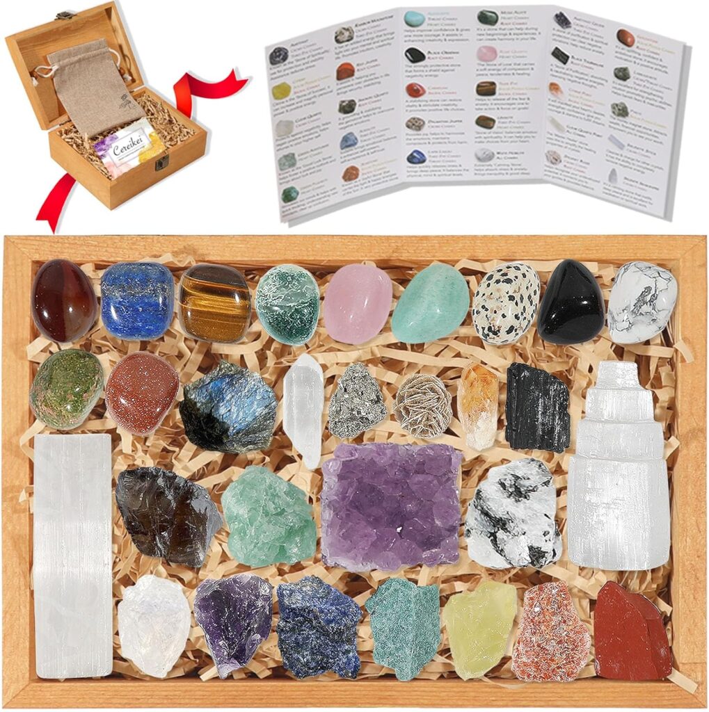 30 PCS Crystals and Stones Set - Natural Raw Healing Crystals  Tumbled Chakra Stones, Premium Protection Crystals Gift Kit Display in Wooden Box + Info Guide