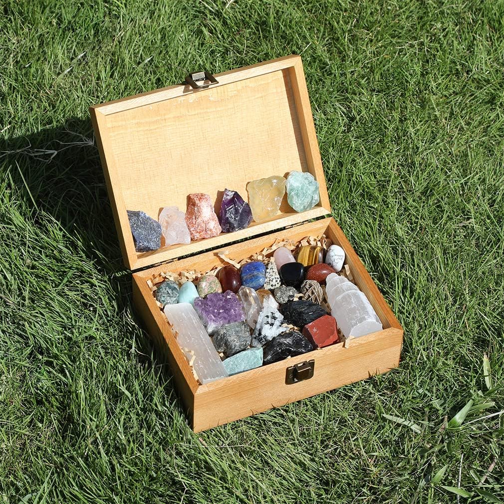 30 PCS Crystals and Stones Set - Natural Raw Healing Crystals  Tumbled Chakra Stones, Premium Protection Crystals Gift Kit Display in Wooden Box + Info Guide