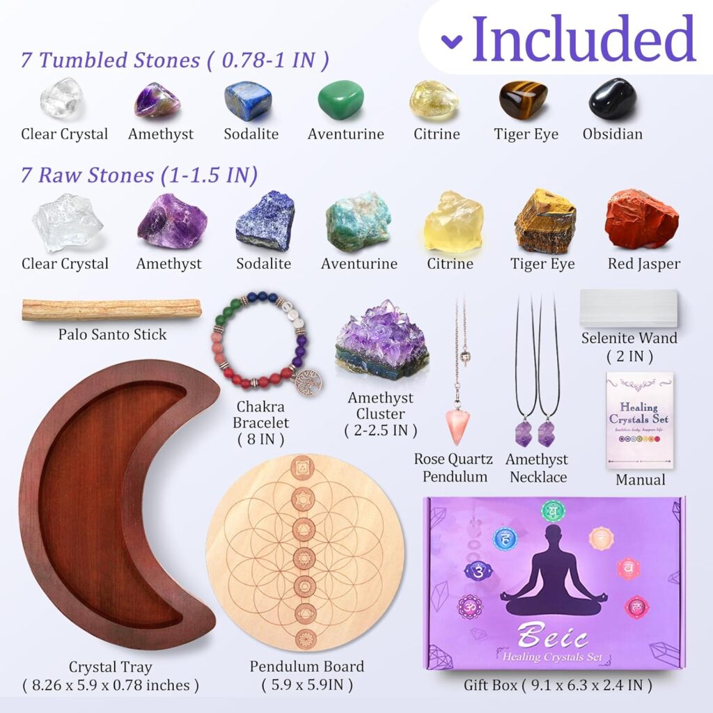 Healing Crystals Set, 23pcs Natural Healing Stones for Meditation Reiki, 7 Tumbled and 7 Raw Crystals for 7 Chakra Balancing, with Amethyst Cluster, Moon Tray, Rose Quartz Crystal Pendulum, Selenite