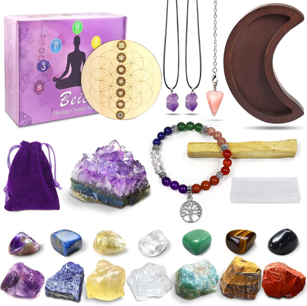 Healing Crystals Set, 23pcs Natural Healing Stones for Meditation Reiki, 7 Tumbled and 7 Raw Crystals for 7 Chakra Balancing, with Amethyst Cluster, Moon Tray, Rose Quartz Crystal Pendulum, Selenite